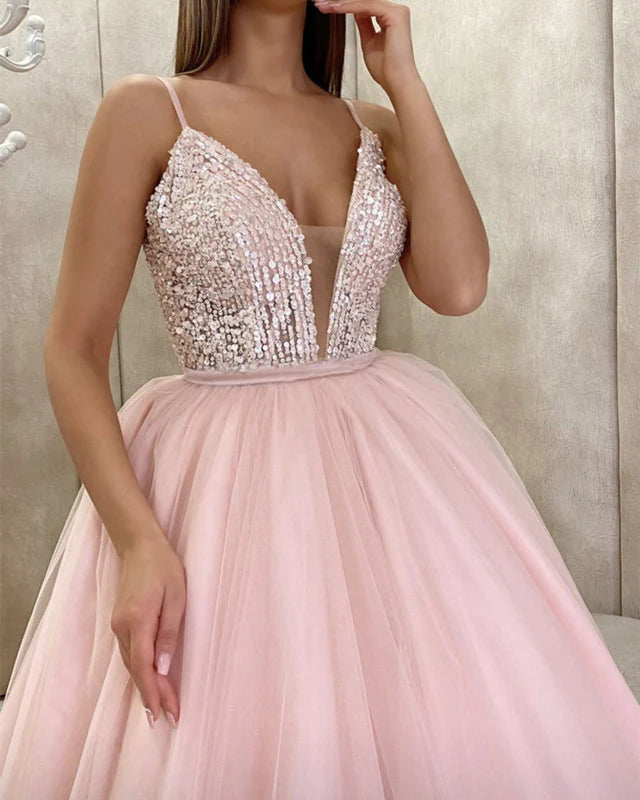 A-line Plunge Neck Tulle Ball Gown Prom Dresses With Sequins
